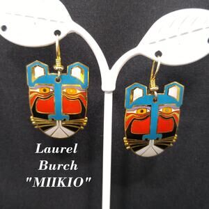 Laurel Burch "Miikio" Earrings, Gold Plated Enamel Large Cat Faces 1980s Vintage